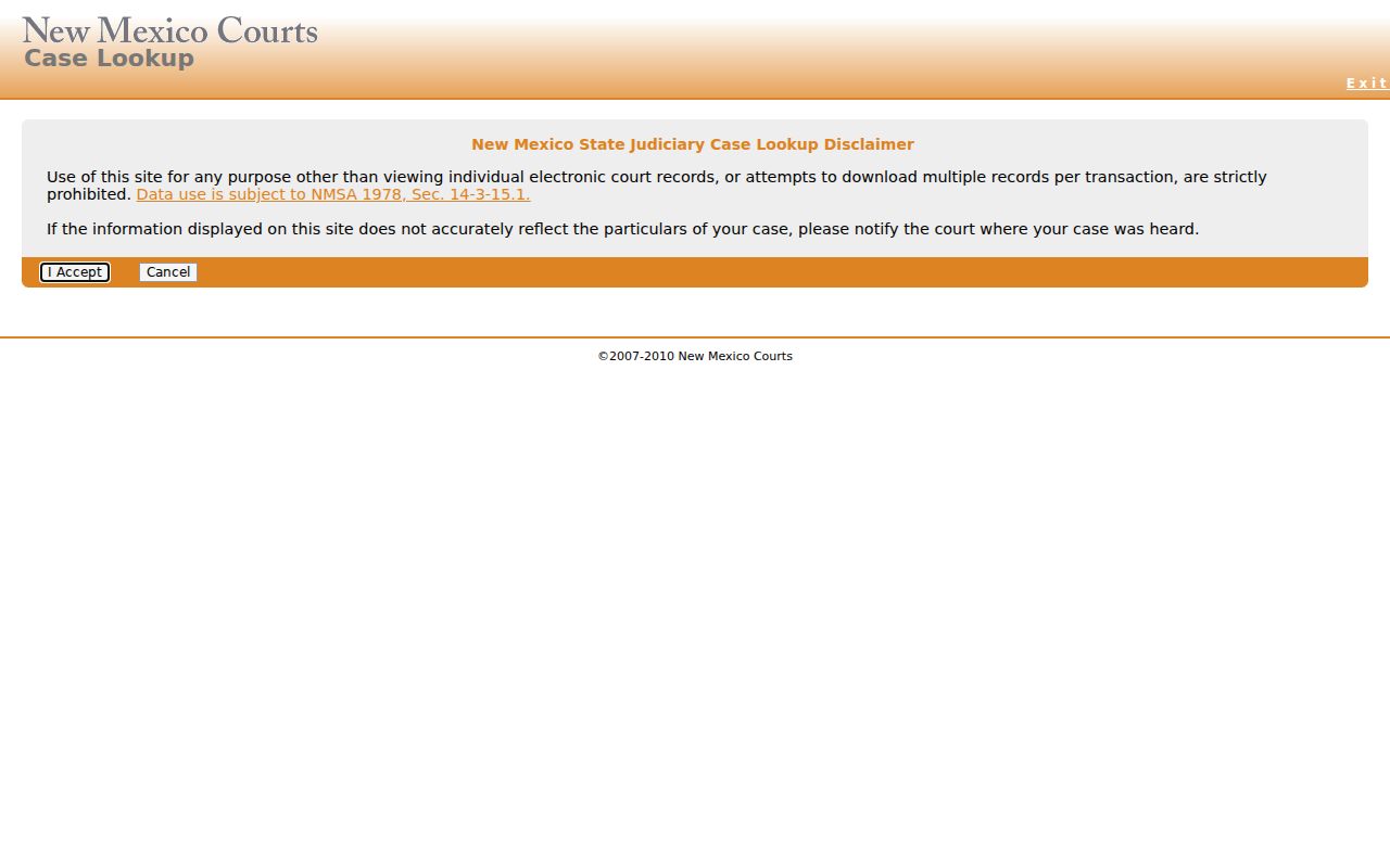 Otero County court case lookup screen for New Mexico cases